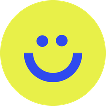 Gelber Kreis mit blauen Augen und Lächeln.