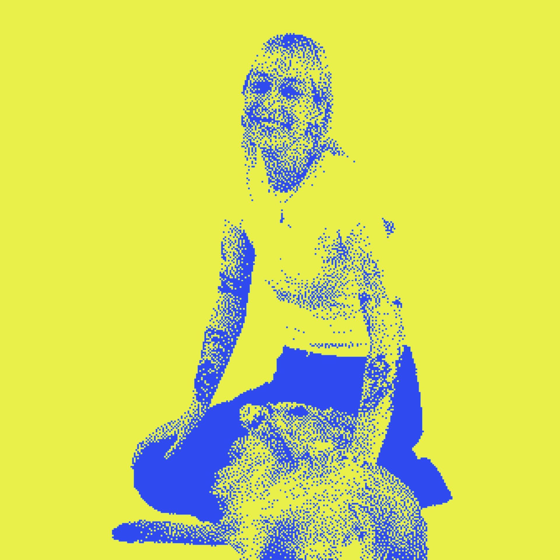 Blaue Figur einer Person, die mit einem Hund sitzt, vor gelbem Hintergrund.