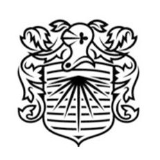 Een zwart-wit tekening van een wapenschild met een kruis erop.