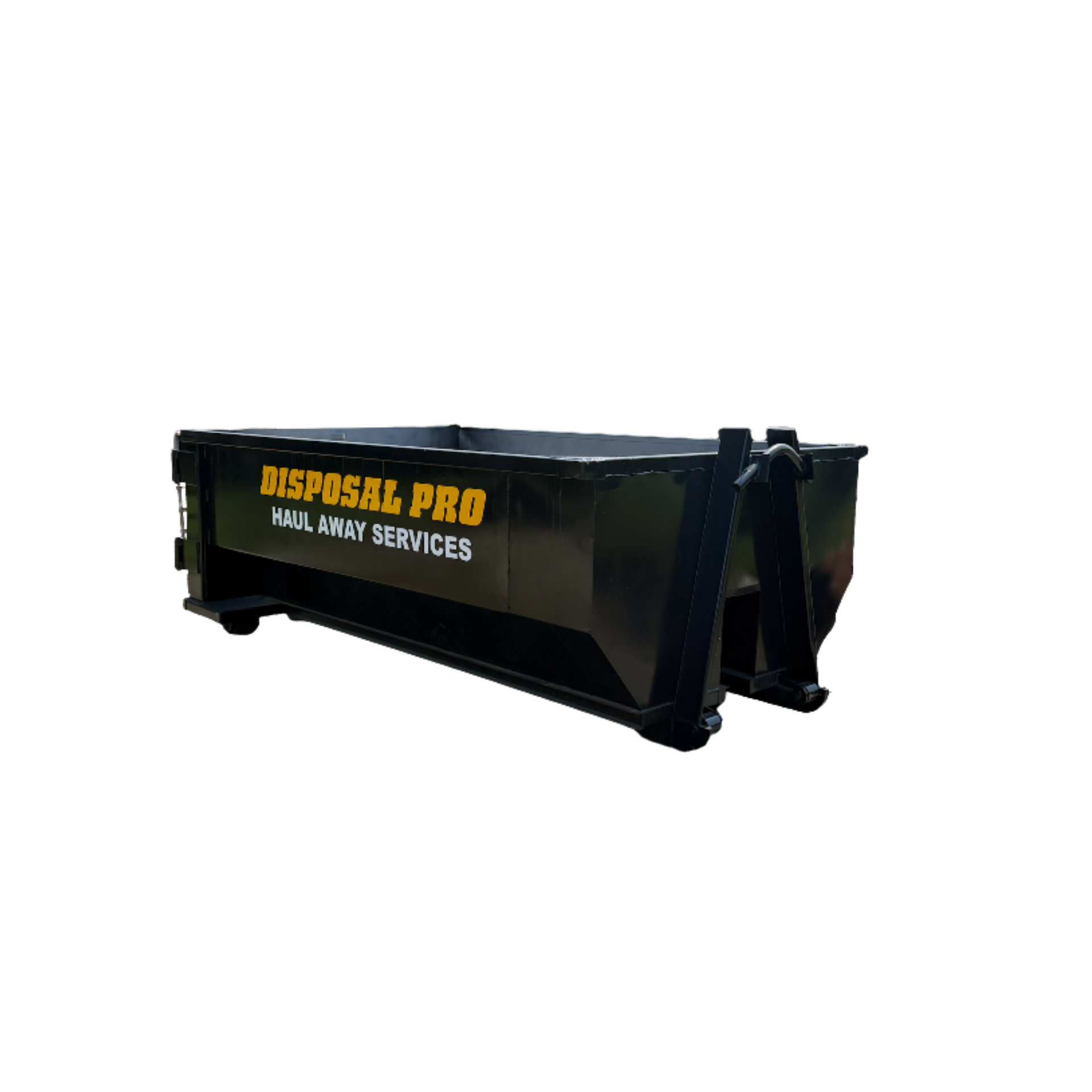 Black construction dumpster with yellow “DISPOSAL PRO” lettering on a white background