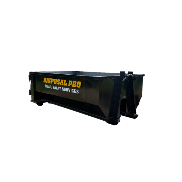 Black construction dumpster with yellow “DISPOSAL PRO” lettering on a white background