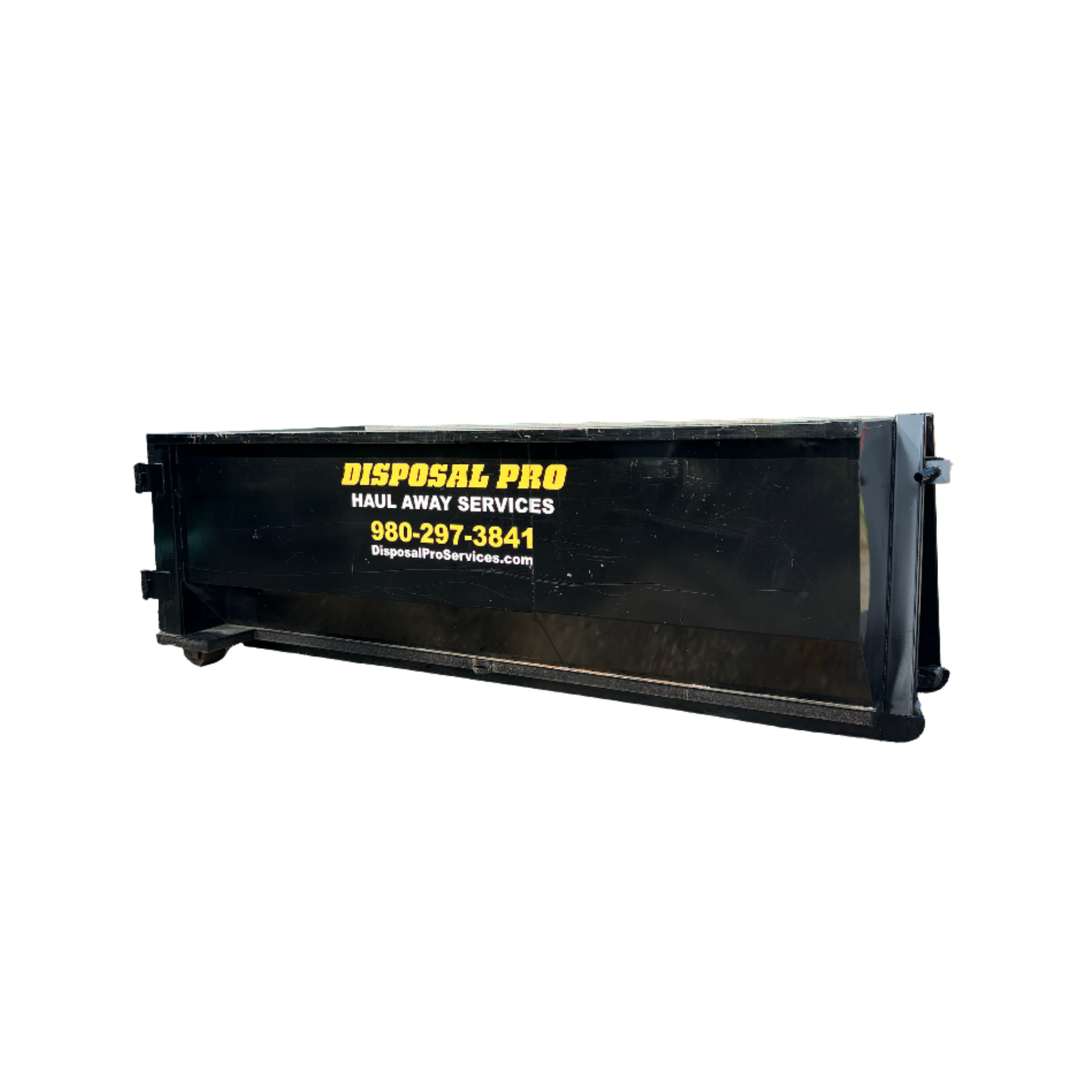 Black dumpster with yellow and white “DISPOSAL PRO” text on a white background