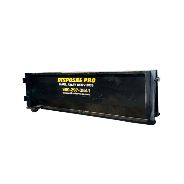 Black dumpster with yellow and white “DISPOSAL PRO” text on a white background