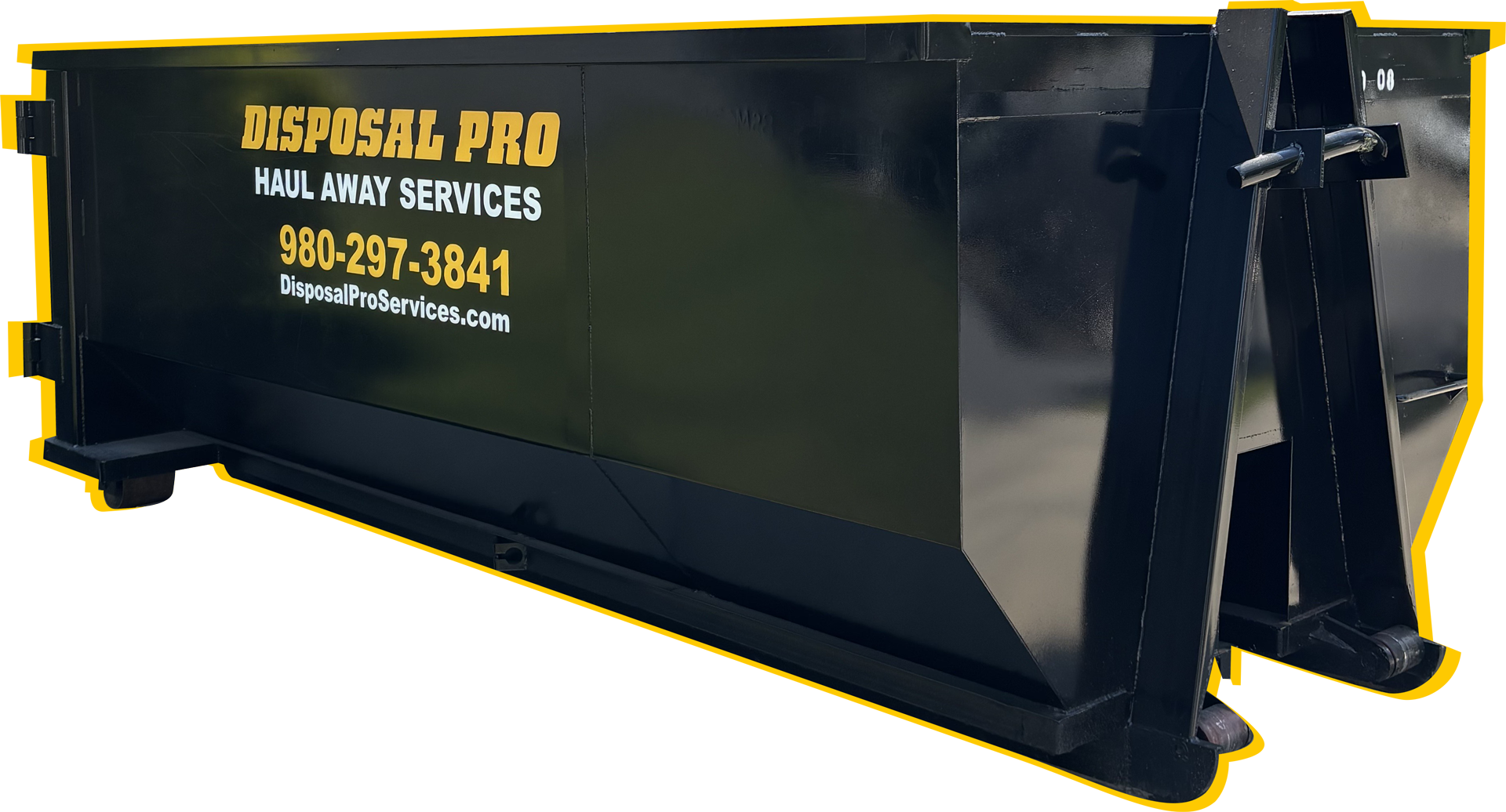 Black Disposal Pro roll-off dumpster with yellow lettering on a white background