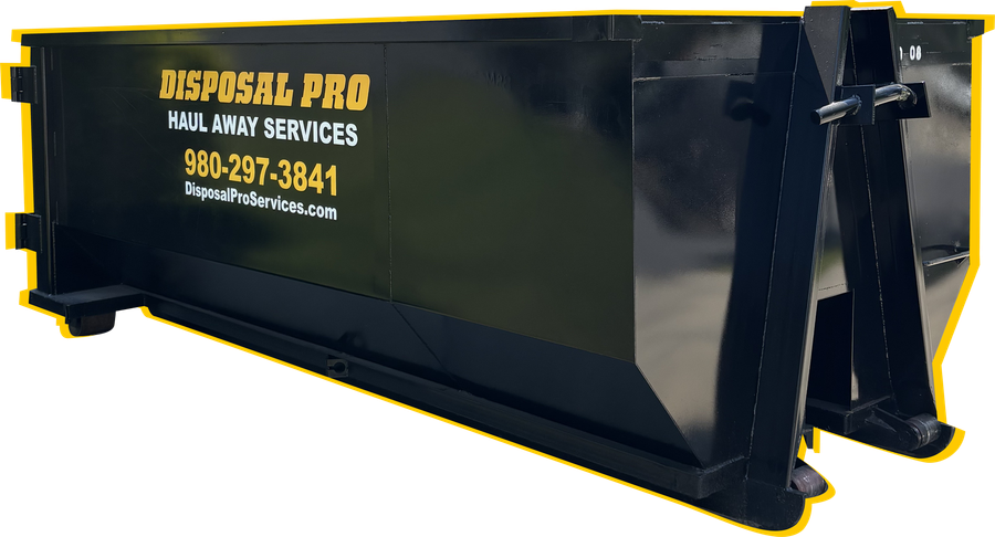 Black DISPOSAL PRO dumpsters with yellow lettering and side loading doors on a white background