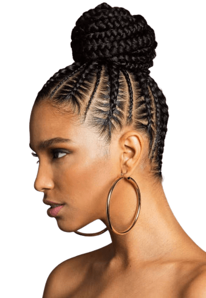 A woman with braids in a bun and hoop earrings