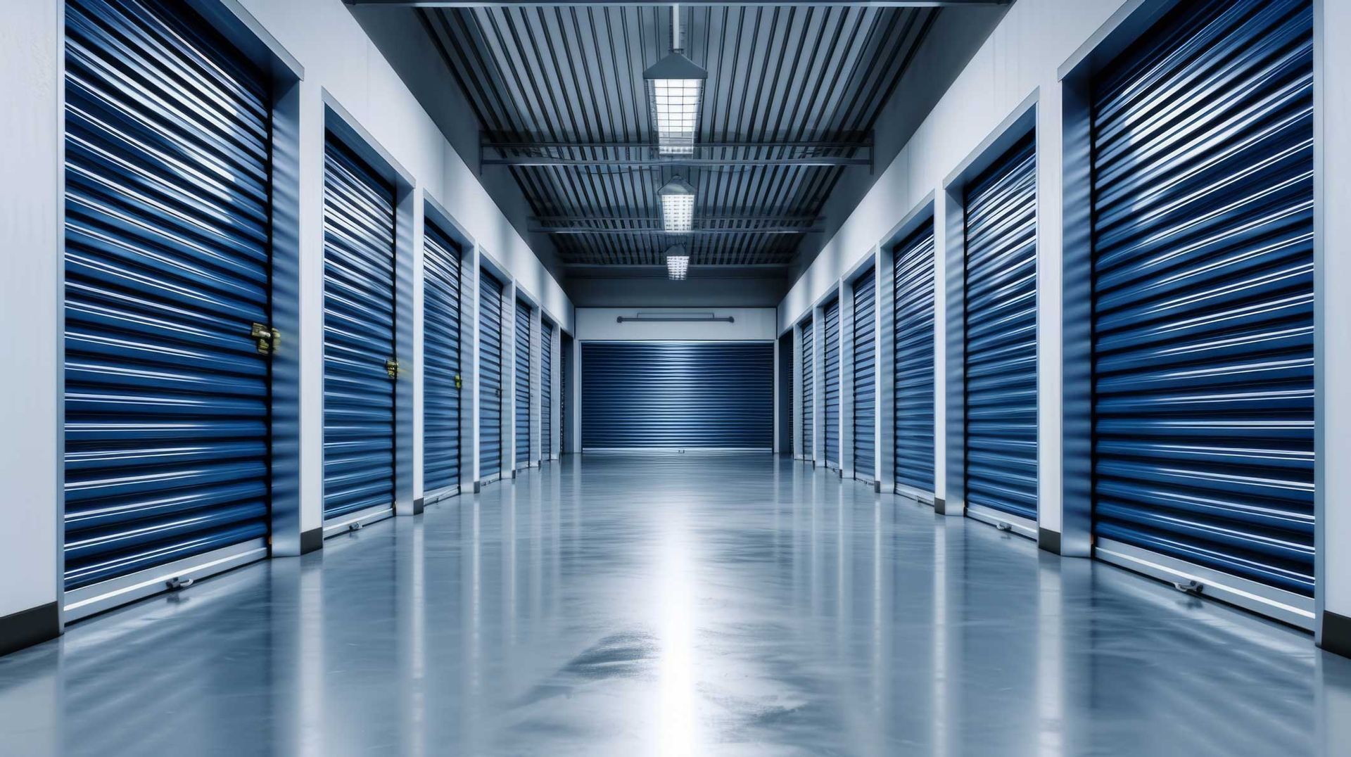 A series of blue and white storage units showcasing uniformity and residential storage options. A series of blue and white storage units showcasing uniformity and residential storage options.
