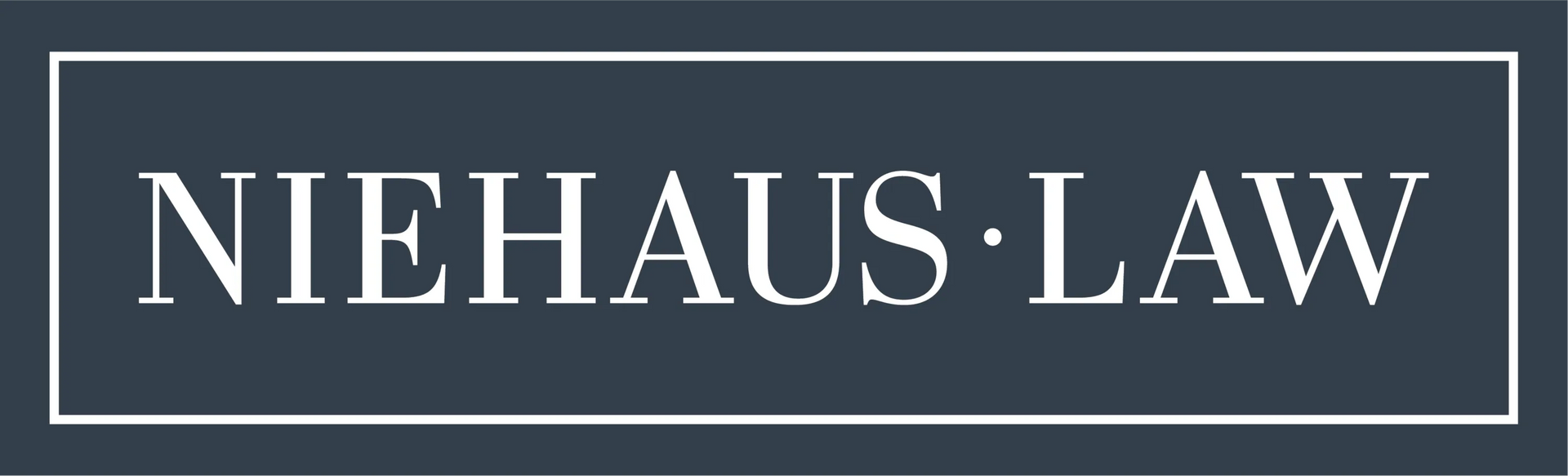 White “NIEHAUS·LAW” text inside a thin white rectangular border on a dark blue background.