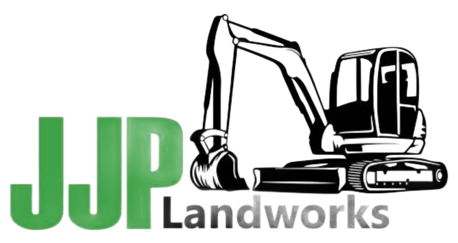 Logo for JJP Landworks featuring the green letters "JJP" next to an illustration of an excavator in black and white.