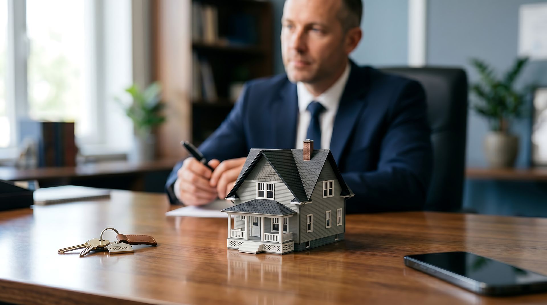 Insurance agent in a suit signing paperwork at a desk beside a model house and a set of house keys.