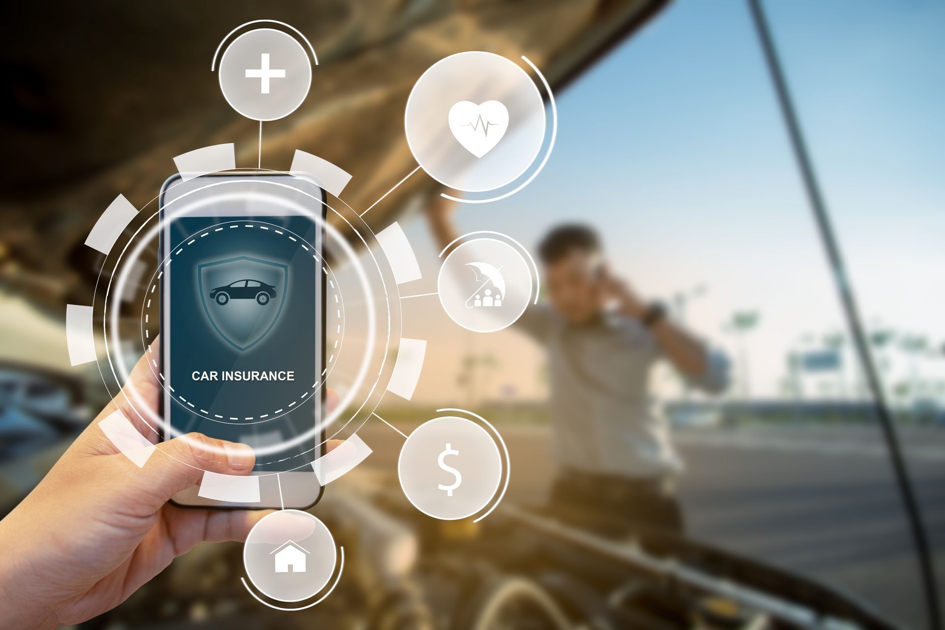 Hands holding phone with digital auto insurance policy features near disabled vehicle.