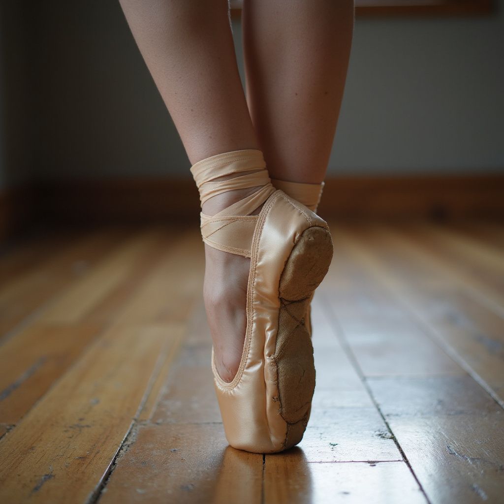 Ballet dancer's feet en pointe in satin shoes, on a wooden floor.