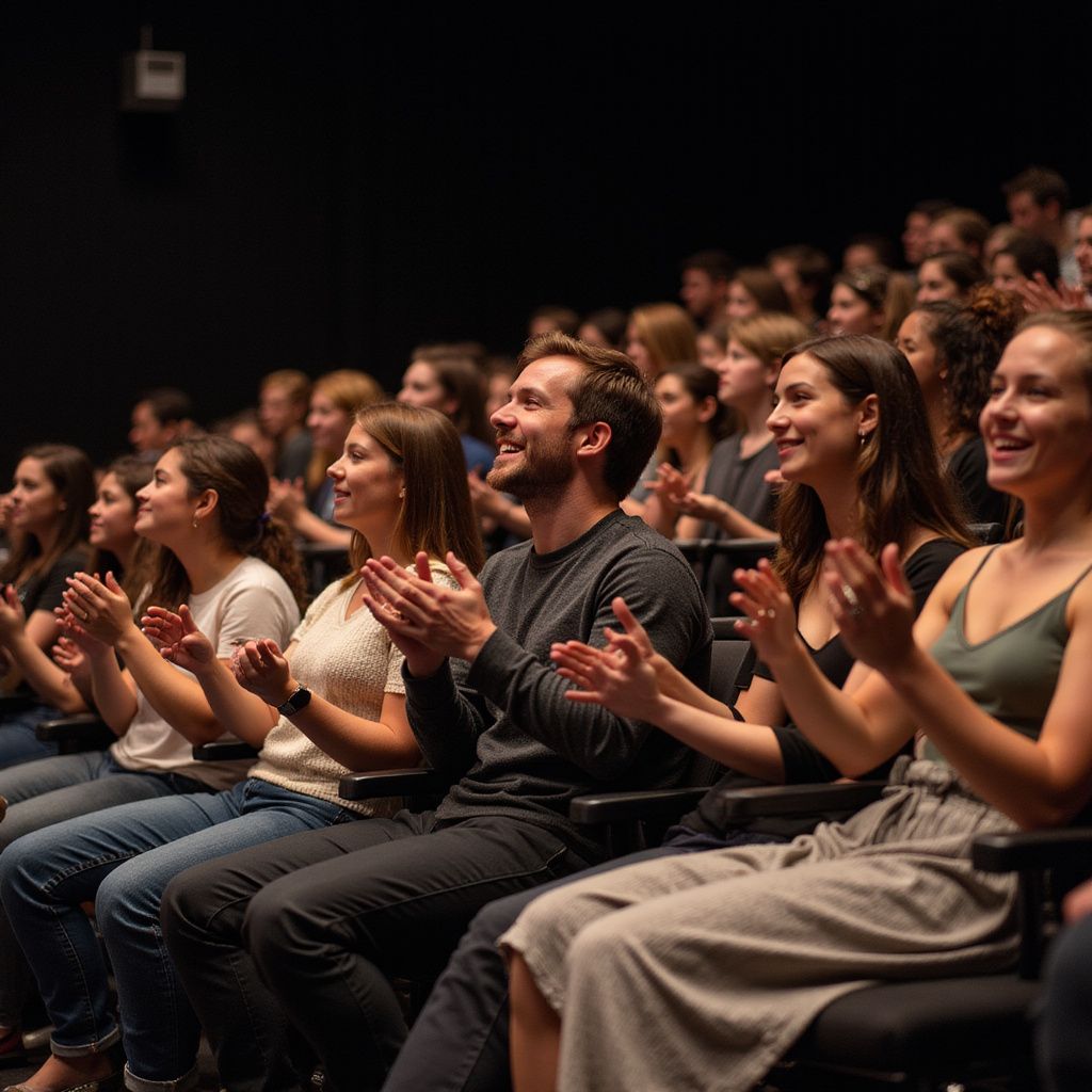 Audience clapping in a dark auditorium. Several people smile and applaud, seated in rows.