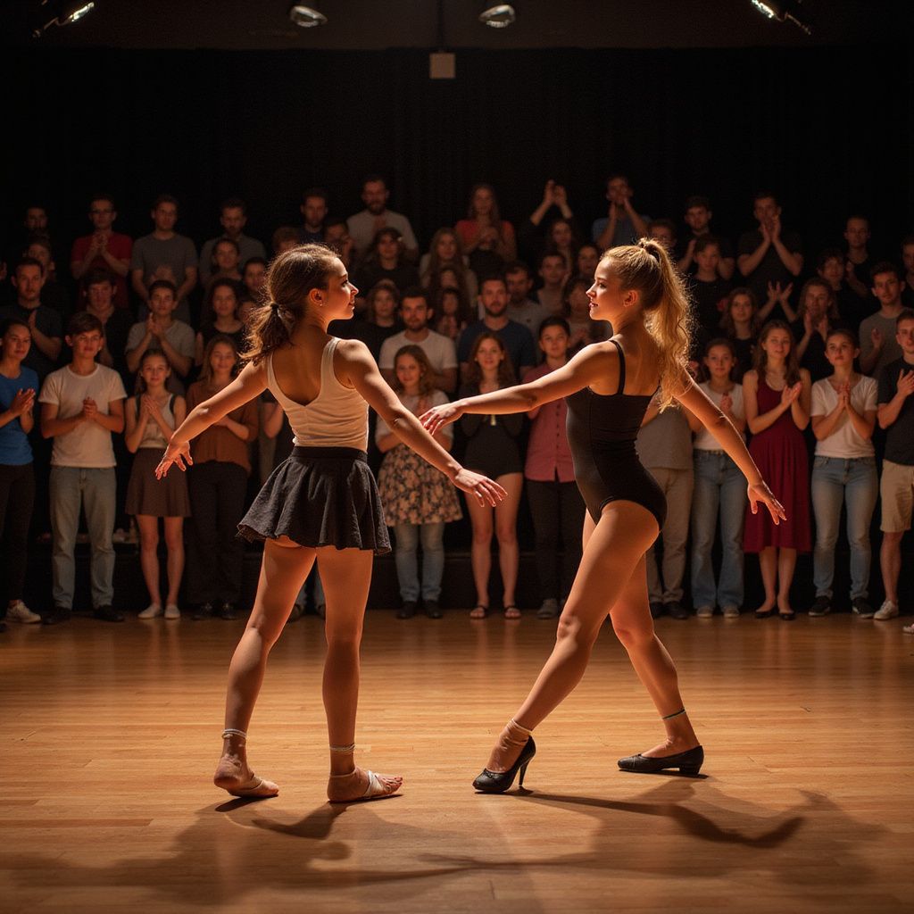 Two dancers performing on stage before an audience. One wears a leotard, the other a skirt.