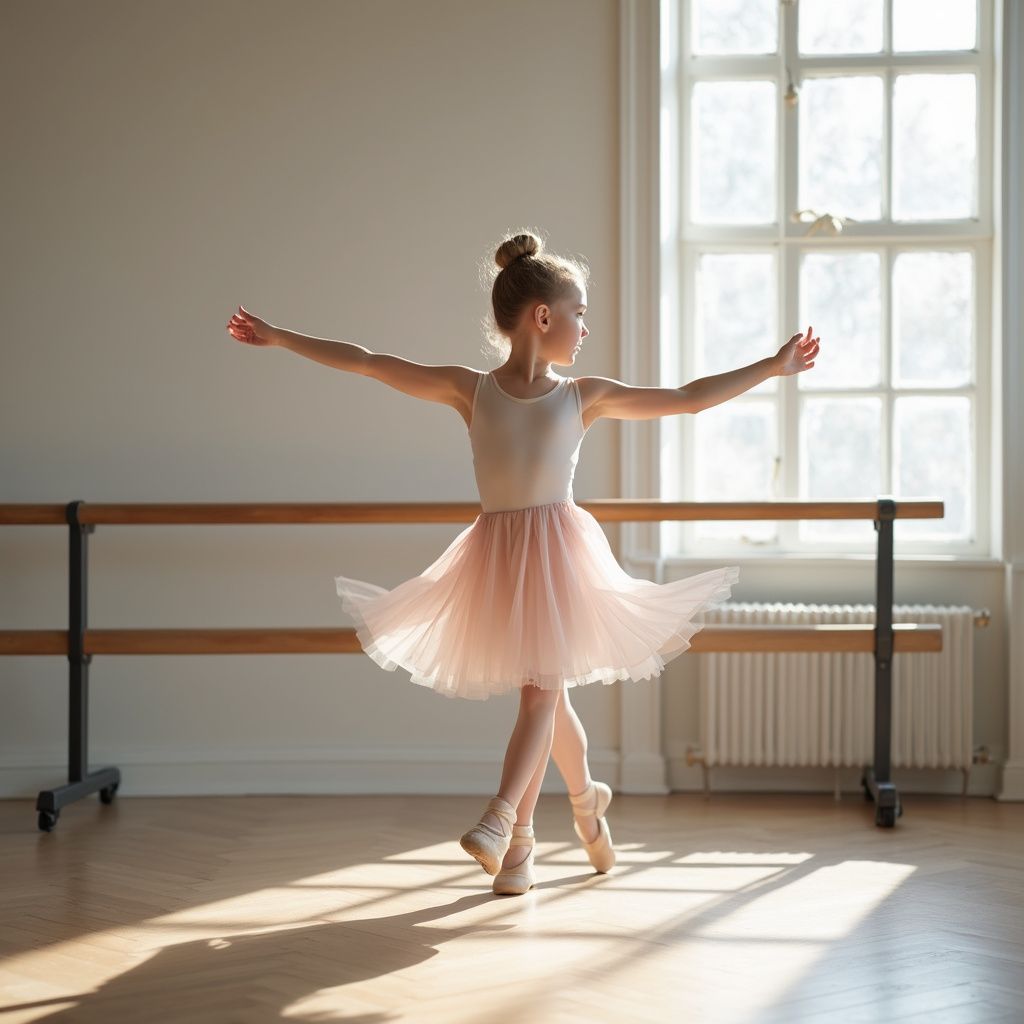 Young ballerina in pink tutu practices in a dance studio, arms outstretched, near a barre and window.