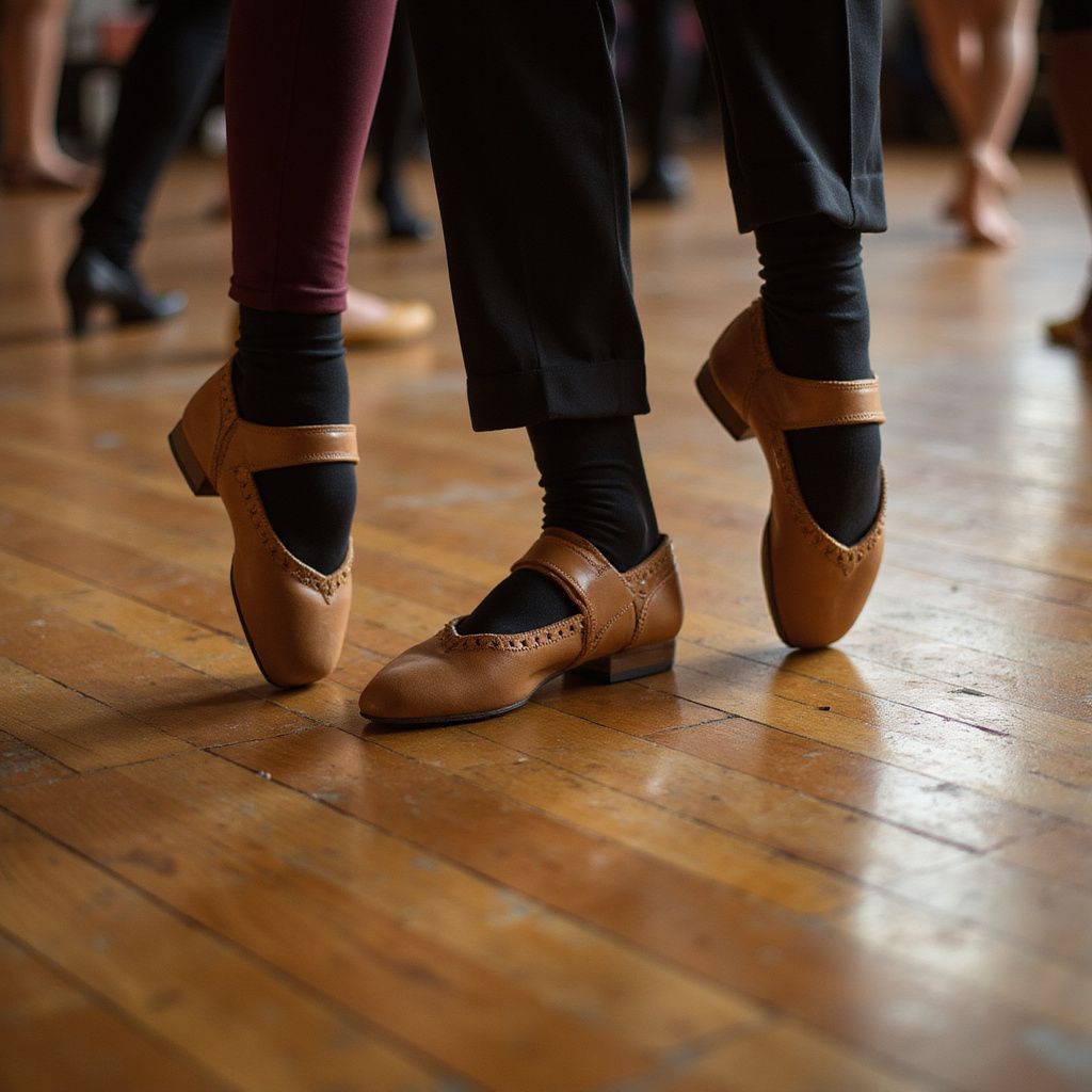 Two people's feet in brown dancing shoes on a wooden floor, blurred figures in the background.