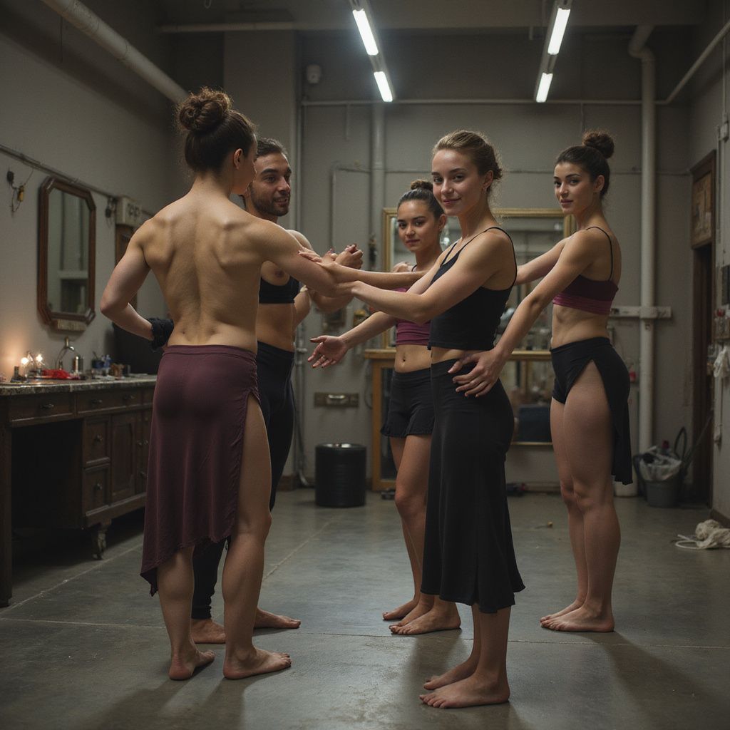 Dancers in a studio, forming a circle. They are wearing dance attire and touching each other, with neutral expressions.