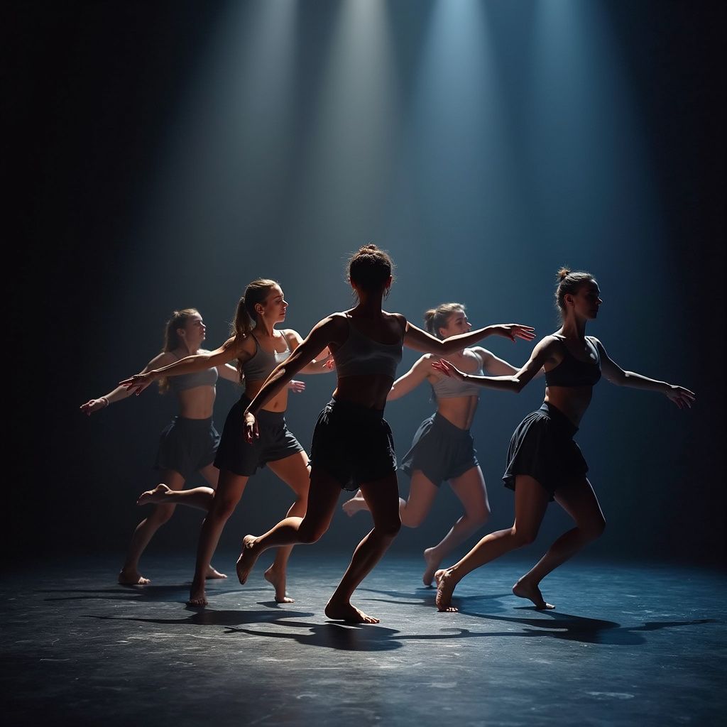 Dancers in dark shorts and tops move across a stage with spotlights above them.