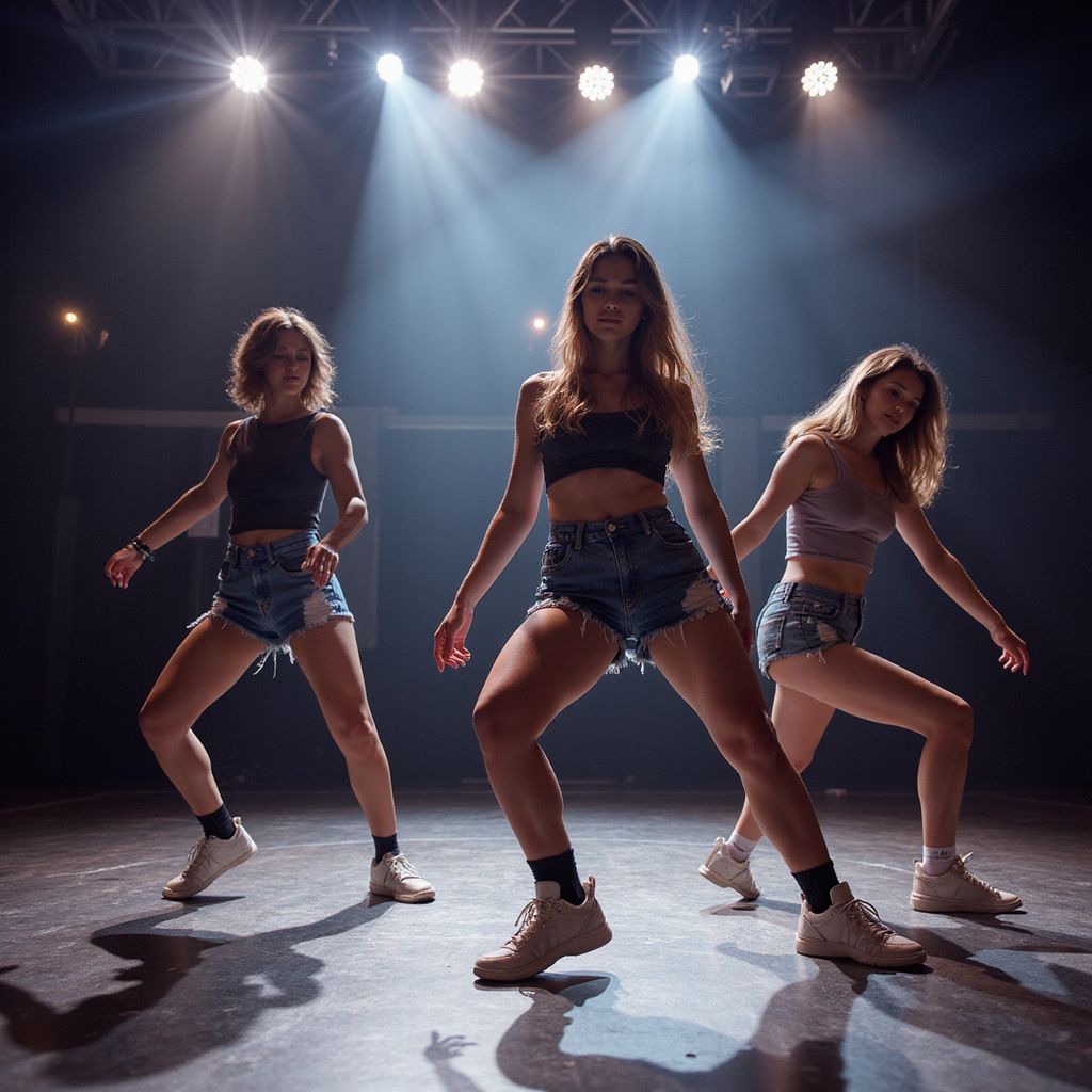 Three dancers on a stage, lit by spotlights. They wear crop tops, shorts, and sneakers, mid-step with arms out.