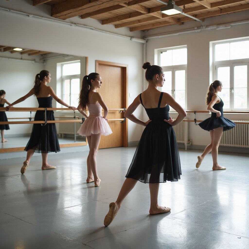 Ballet dancers practicing in a studio with a mirrored wall.