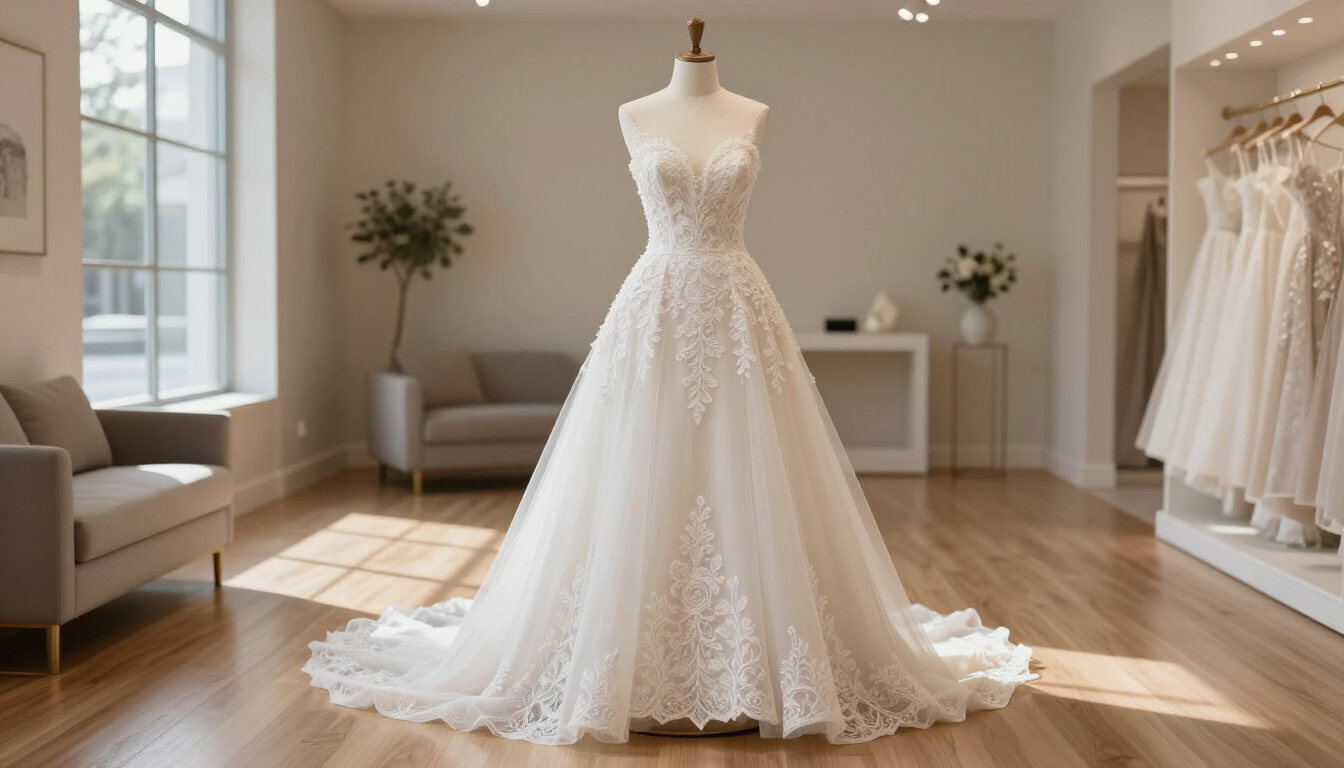 A beautiful bridal gown in a Portland Maine boutique window.