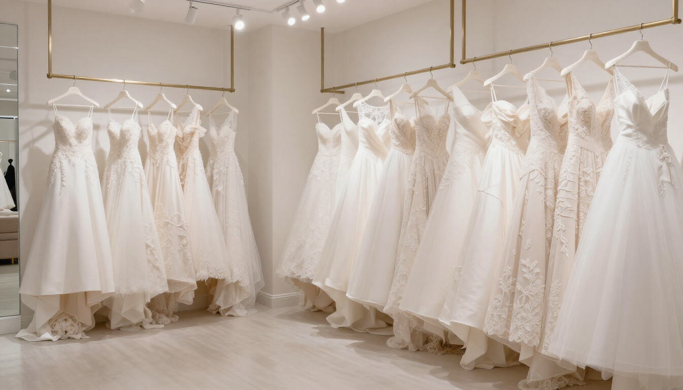 Elegant wedding dresses on display at Andrea's Bridal in Portland Maine