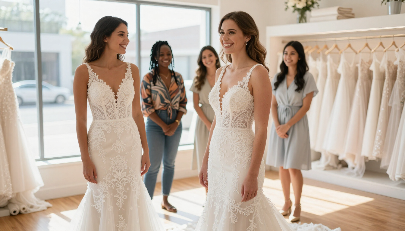 Bride trying on dress