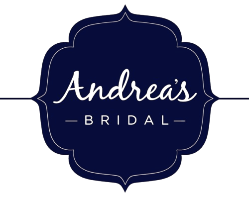 Andrea's Bridal logo in white script on a navy decorative plaque