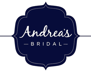 Andrea's Bridal logo in white script on a navy decorative plaque