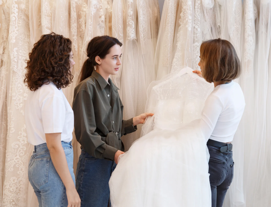 Three people inspect a white wedding dress in a boutique