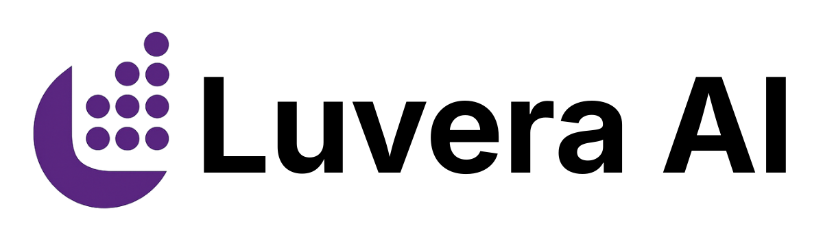 Luvera AI logo. Purple logo with a crescent shape and dots, next to the word 
