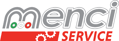 Logo per Menci Service, caratterizzato da testo grigio stilizzato, cerchi verdi, bianchi e rossi e testo SERVICE rosso con icone a forma di ingranaggio.