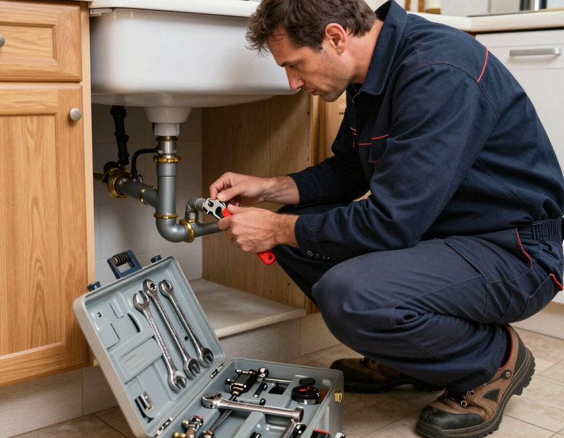 A plumber repairing pipes under a sink