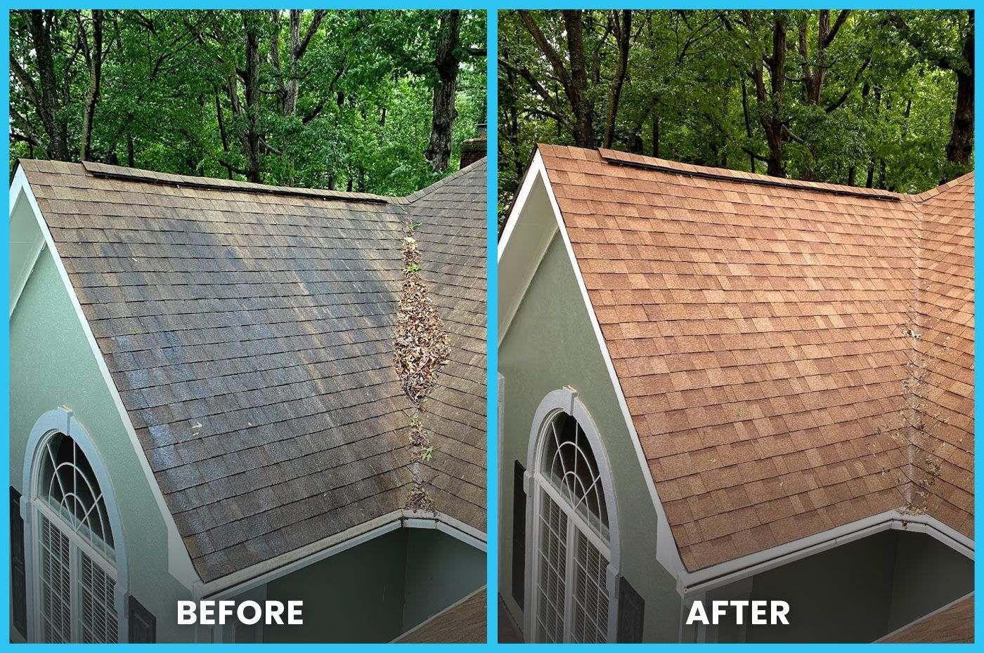 A before and after picture of a house 's roof.