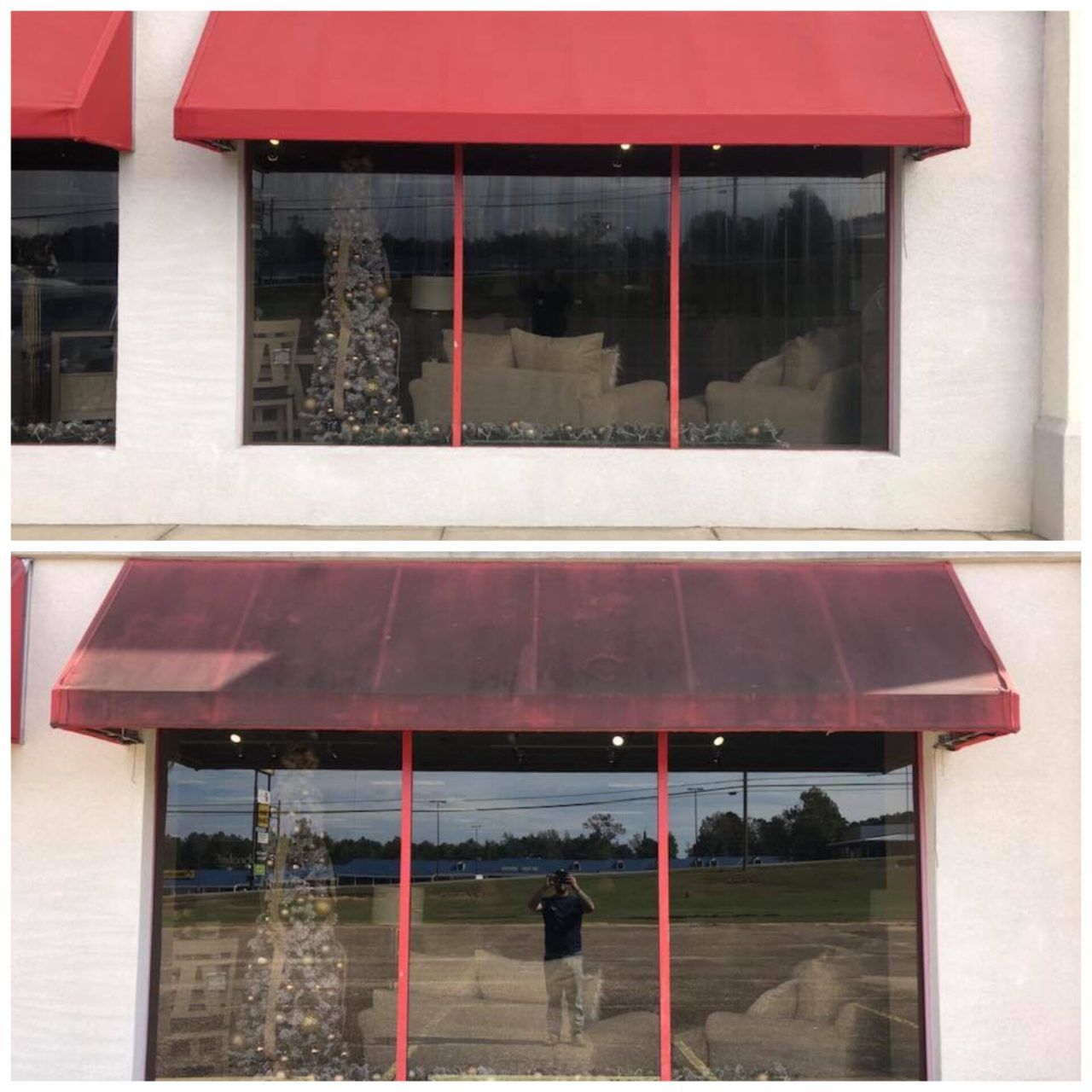 A before and after picture of a red awning on a building