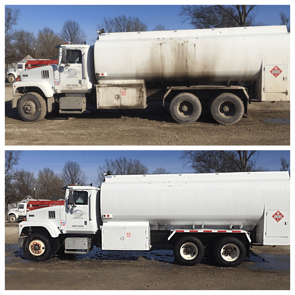 A before and after photo of a tanker truck