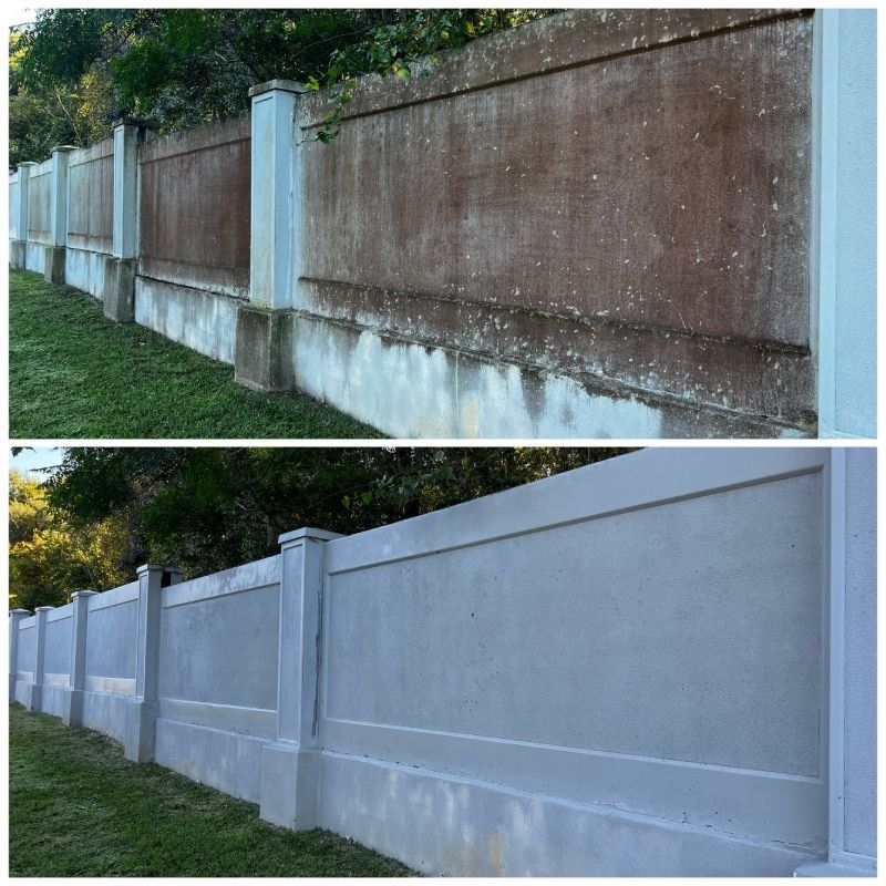 A before and after photo of a concrete fence