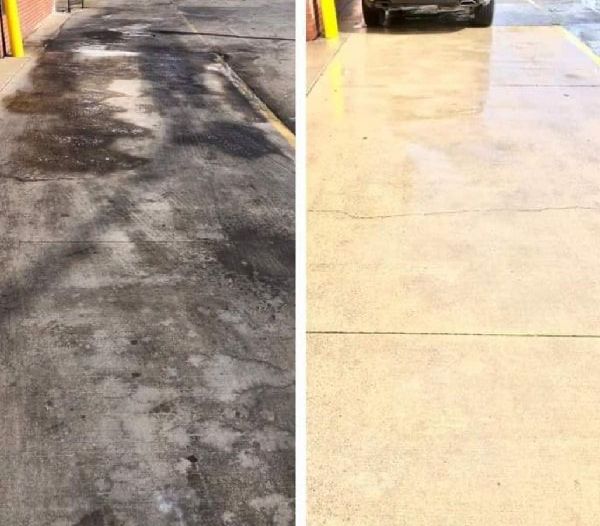 A before and after photo of a concrete sidewalk.