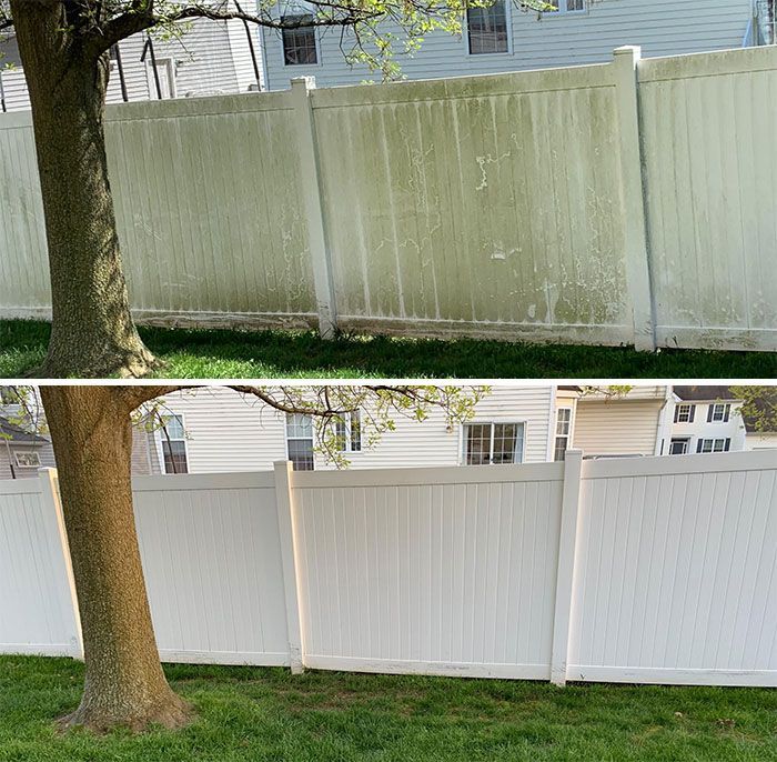 A before and after picture of a white fence with a tree in front of it.
