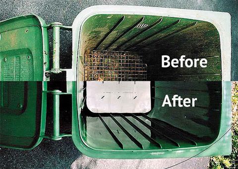 A before and after picture of a green trash can