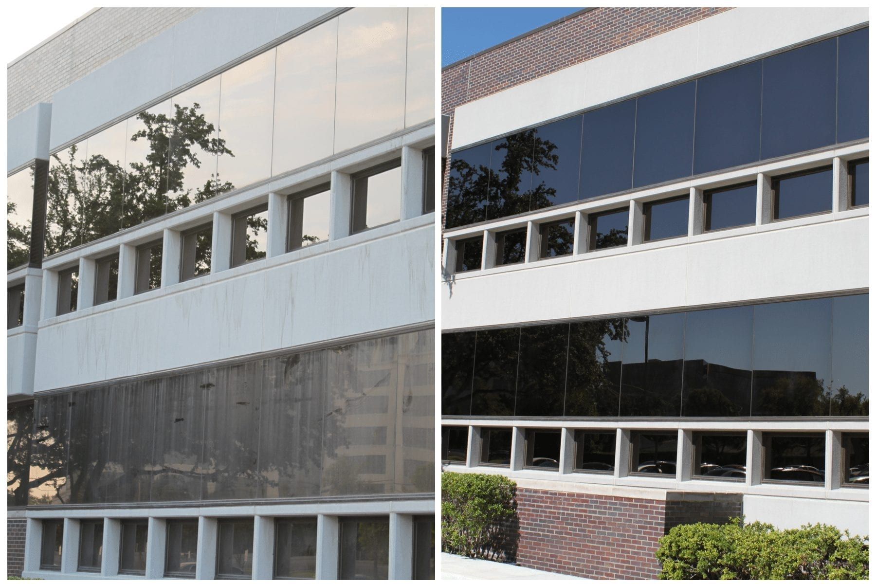 A before and after picture of a building with a lot of windows