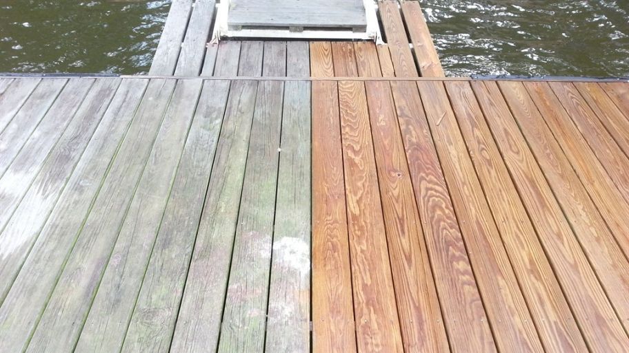 A before and after picture of a wooden deck next to a body of water.