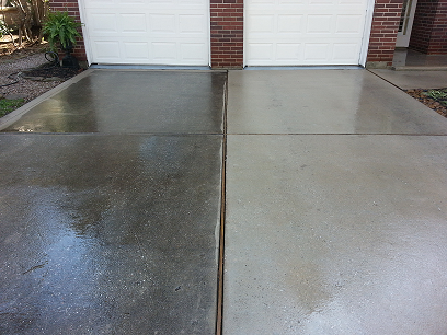 A before and after picture of a concrete driveway
