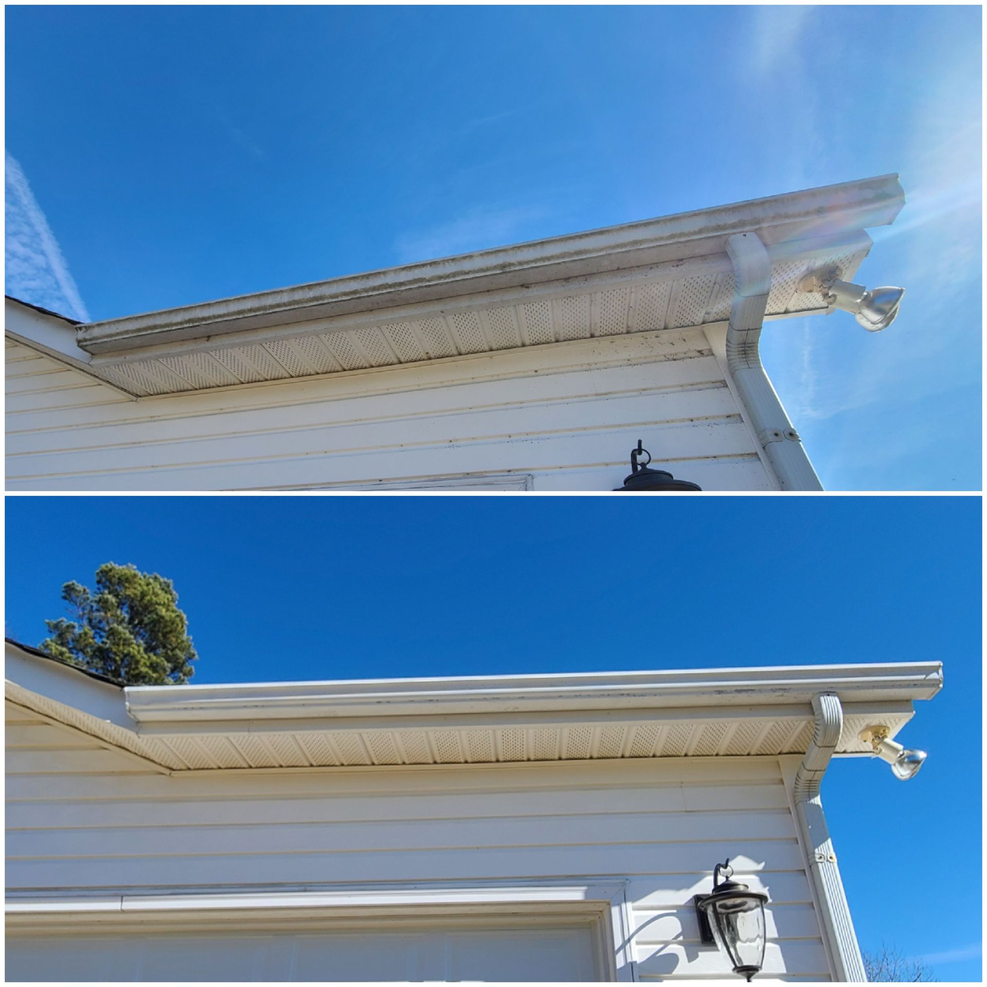 A before and after picture of a gutter on a house.