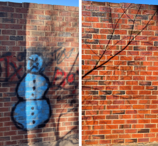 A before and after photo of a brick wall with graffiti on it.