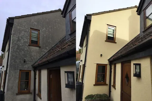 A before and after picture of a house that has been washed.