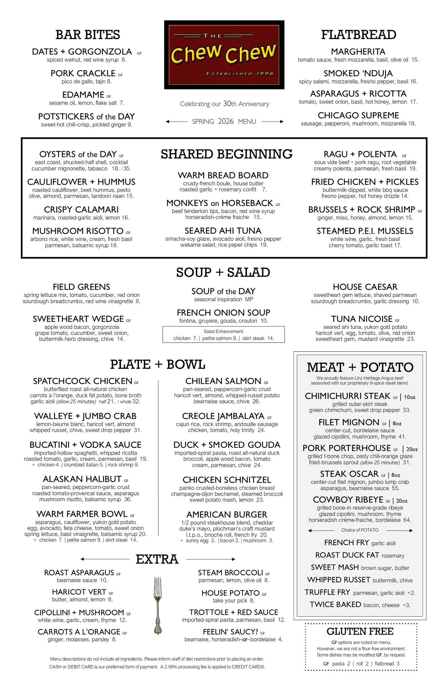 Menu with cocktail, wine, beer, and non-alcoholic drink options.