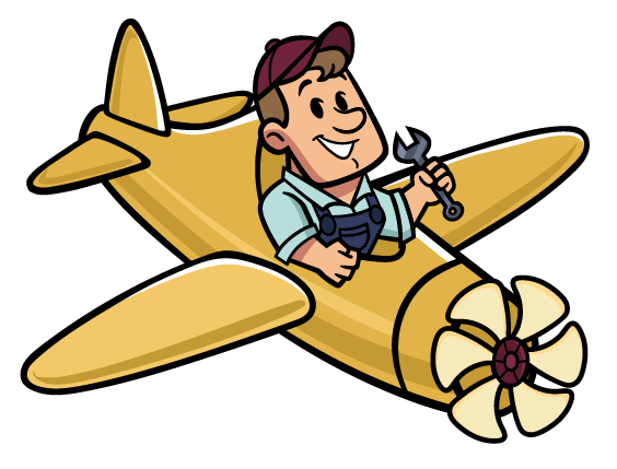 Smiling mechanic in overalls holding a wrench, flying a yellow airplane.