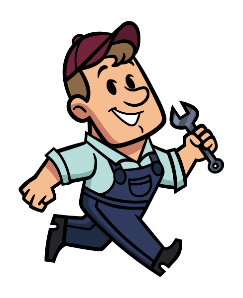 Cartoon mechanic running, holding wrench; wearing blue overalls, burgundy cap, and smiling.