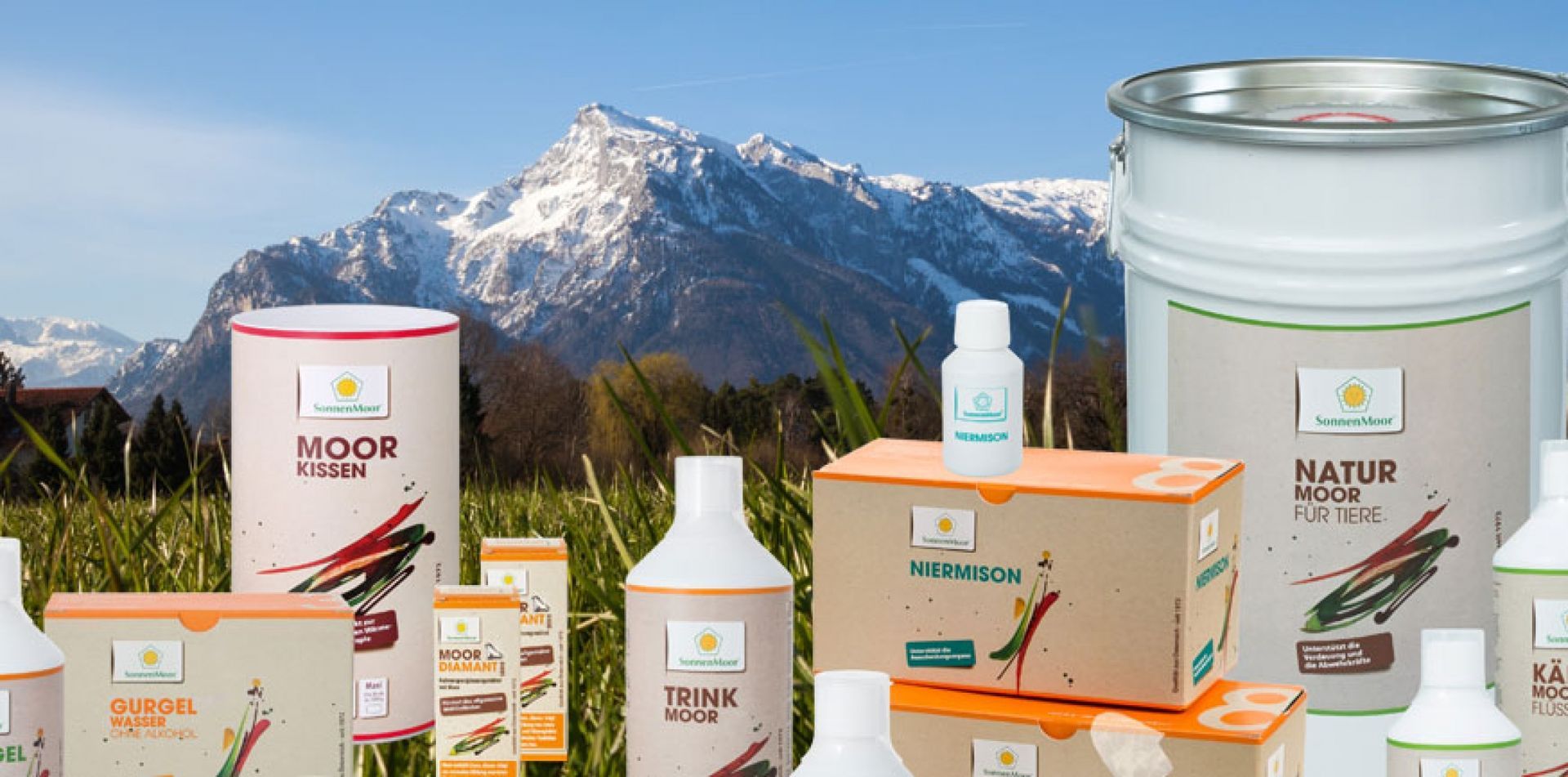 A bunch of bottles and boxes with a mountain in the background